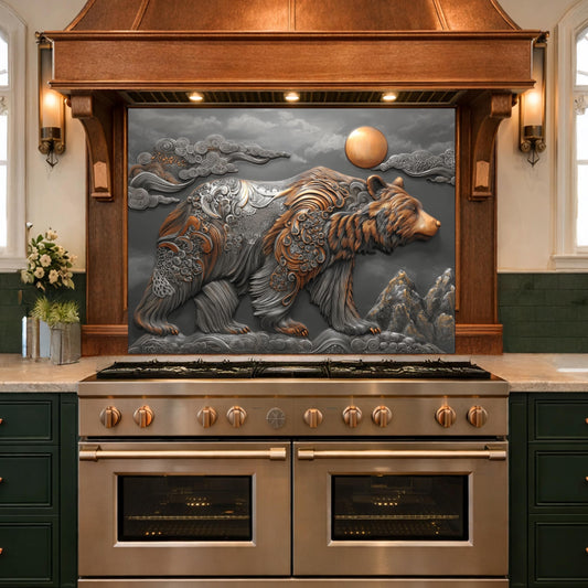 Bear Mountain Tempered Glass Kitchen Backsplash, Rustic Wildlife Stove Guard Wall Art