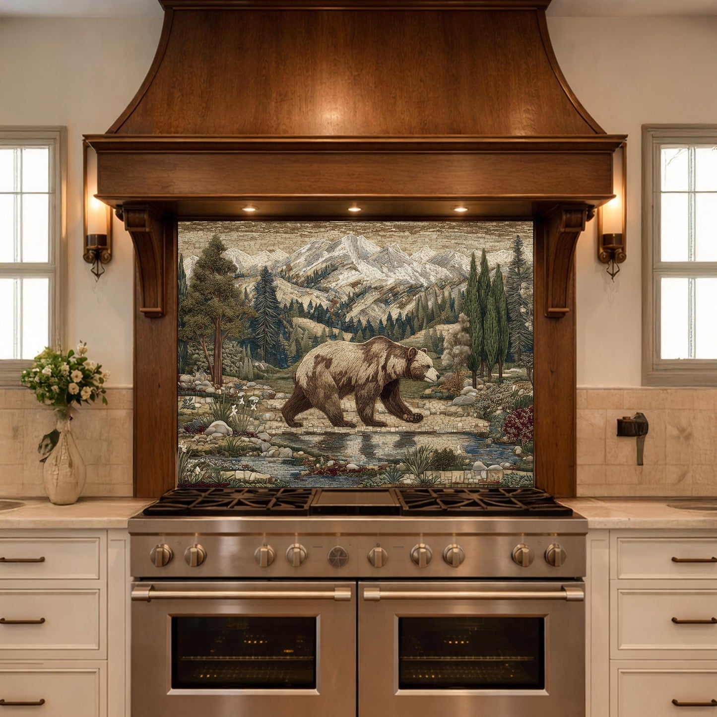 Tempered Glass Mountain Bear Kitchen Backsplash, Rustic Wildlife Stove Guard Wall Art