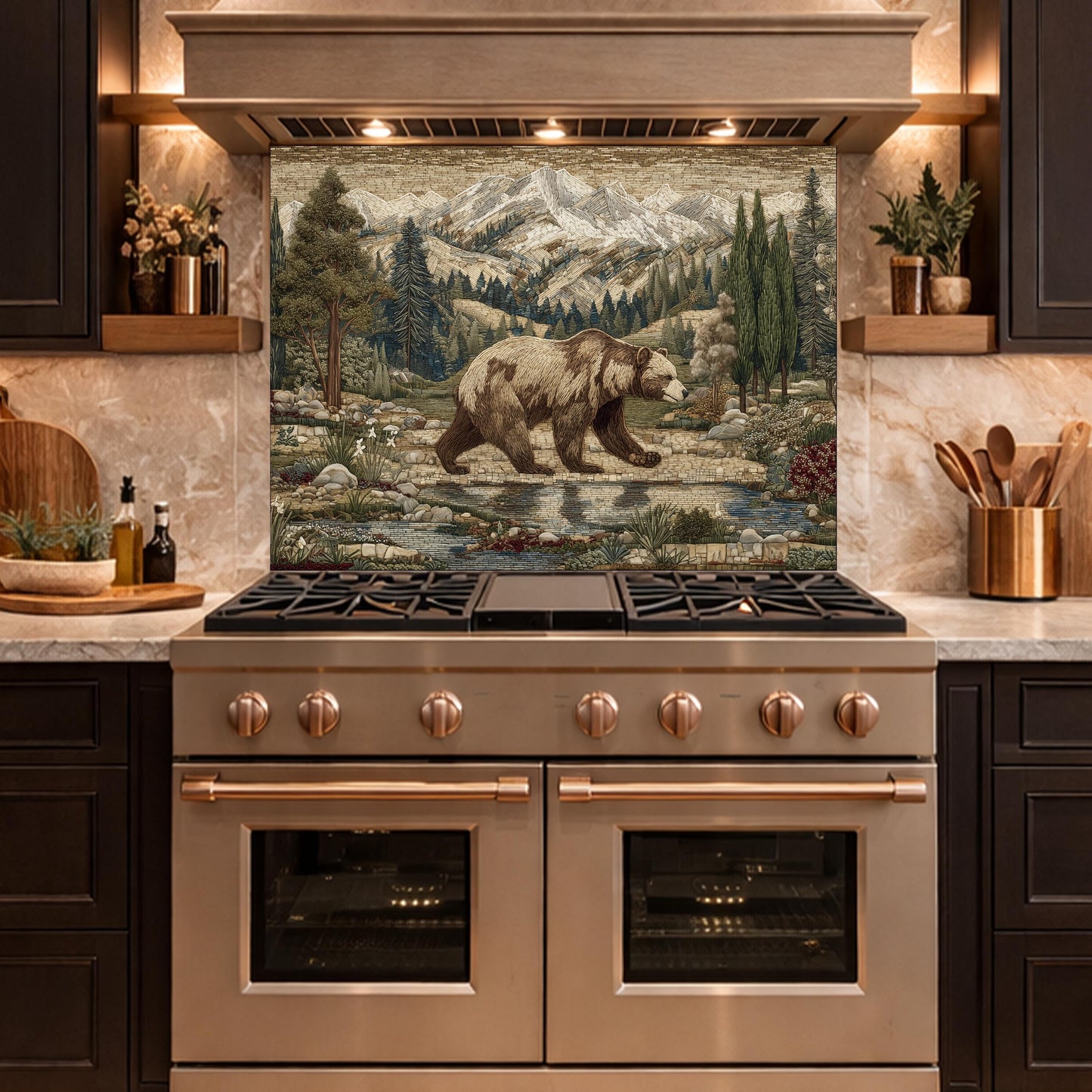 Tempered Glass Mountain Bear Kitchen Backsplash, Rustic Wildlife Stove Guard Wall Art
