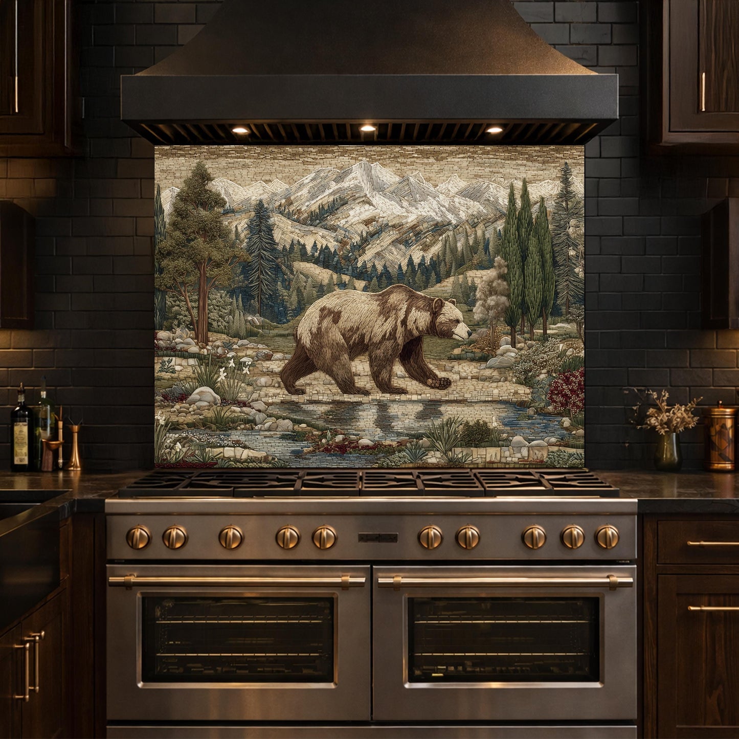 Tempered Glass Mountain Bear Kitchen Backsplash, Rustic Wildlife Stove Guard Wall Art