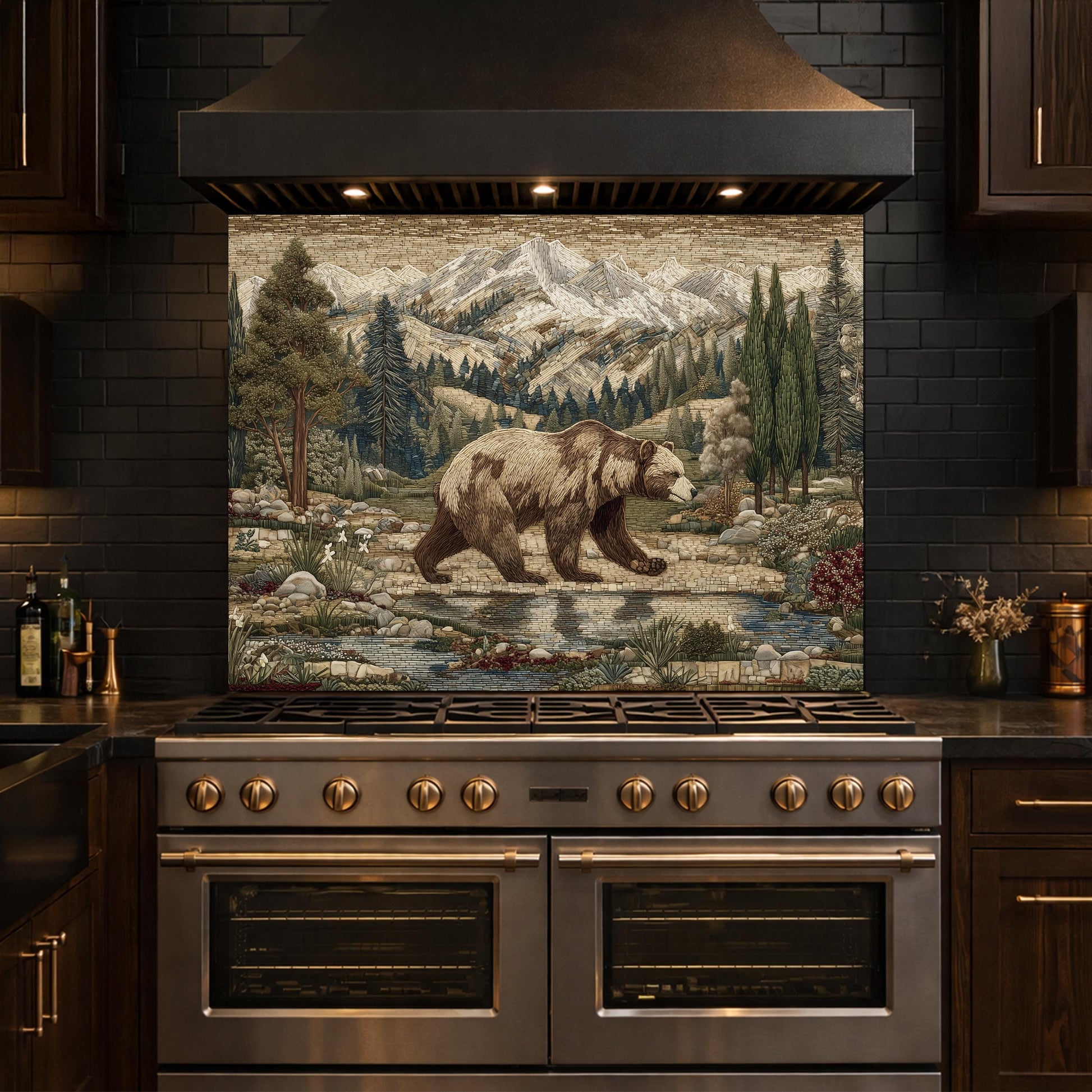 Tempered Glass Mountain Bear Kitchen Backsplash, Rustic Wildlife Stove Guard Wall Art