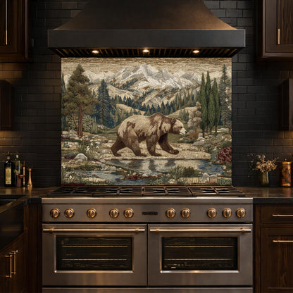 Tempered Glass Mountain Bear Kitchen Backsplash, Rustic Wildlife Stove Guard Wall Art