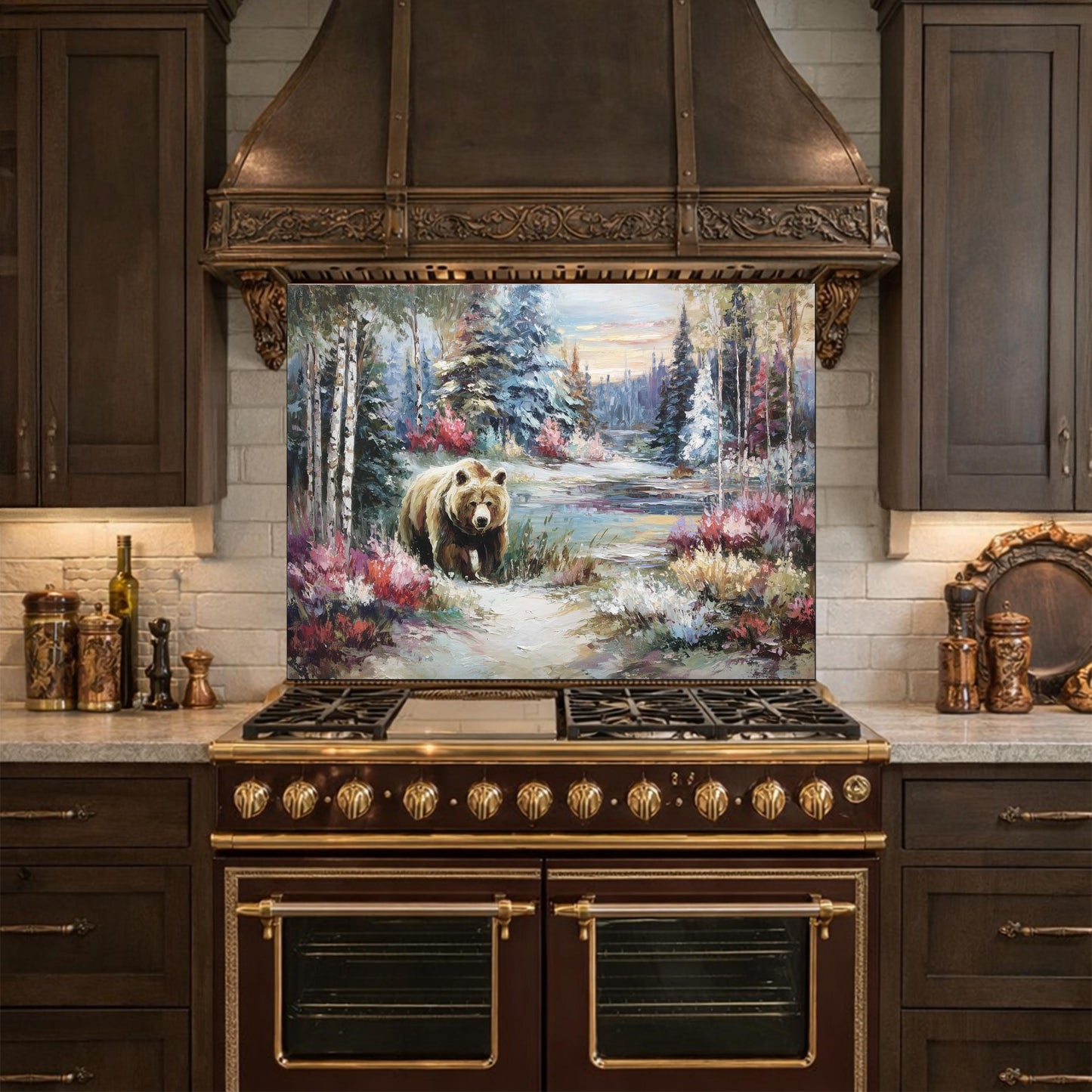 Tempered Glass Kitchen Backsplash, Forest Bear Wildlife Stove Guard, Rustic Wall Art Decor