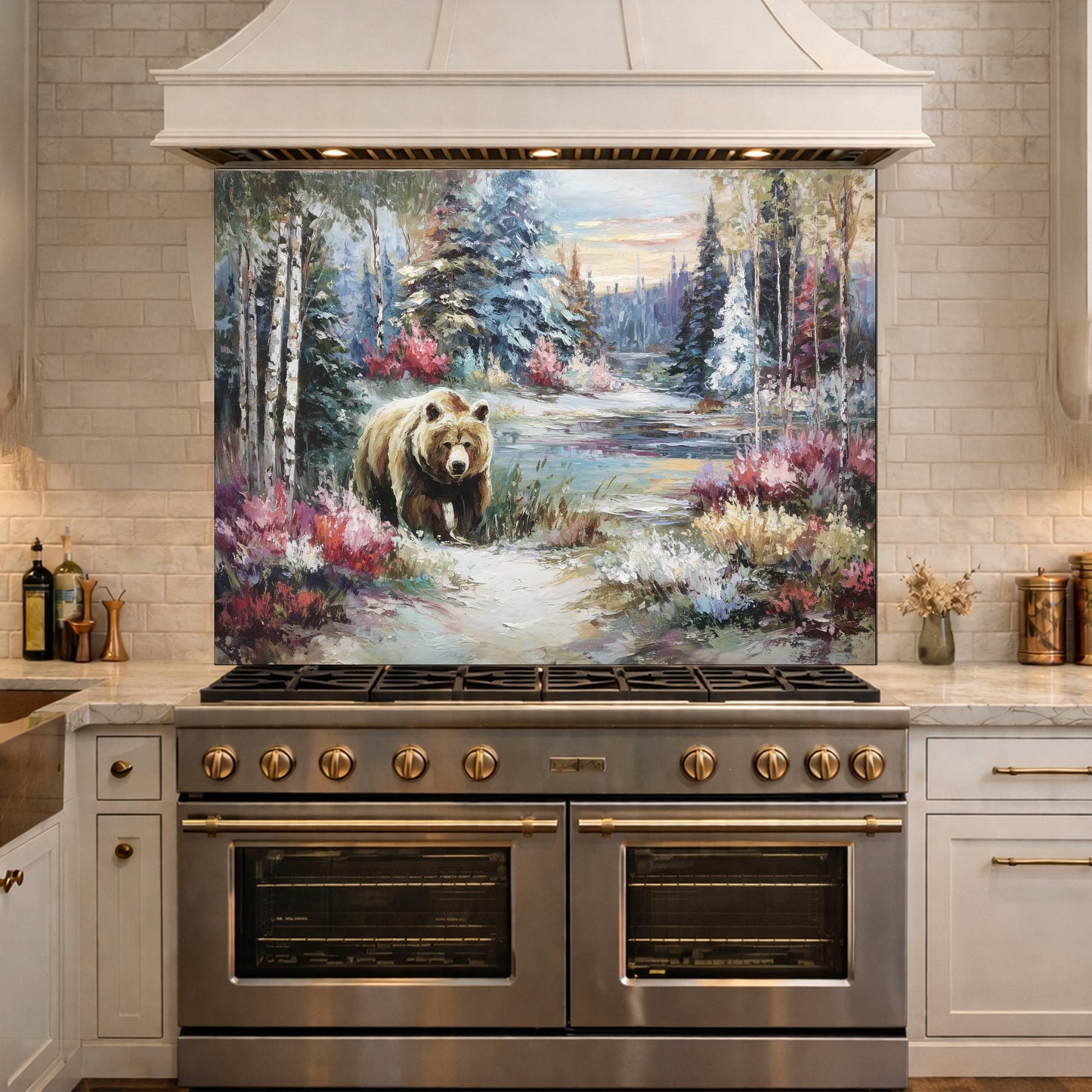 Tempered Glass Kitchen Backsplash, Forest Bear Wildlife Stove Guard, Rustic Wall Art Decor