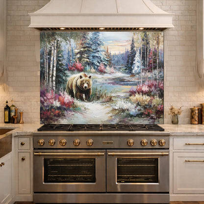 Tempered Glass Kitchen Backsplash, Forest Bear Wildlife Stove Guard, Rustic Wall Art Decor