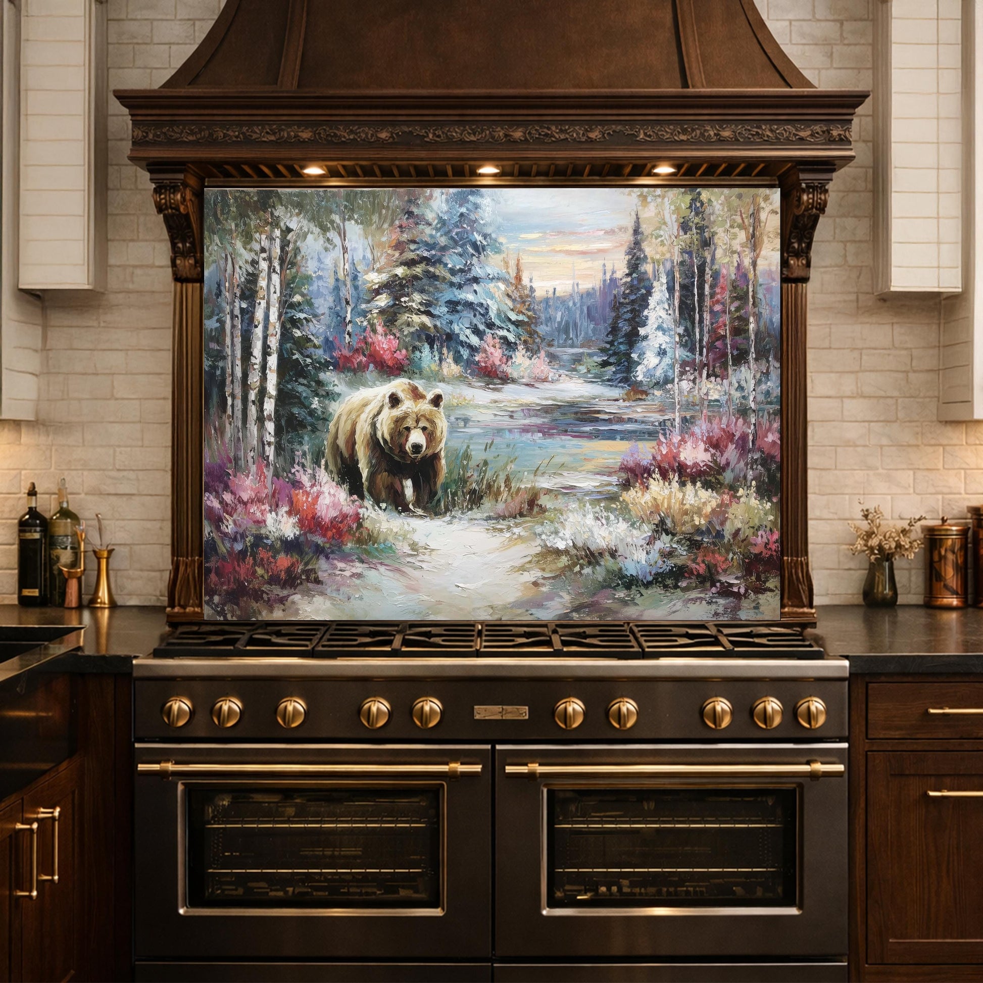 Tempered Glass Kitchen Backsplash, Forest Bear Wildlife Stove Guard, Rustic Wall Art Decor