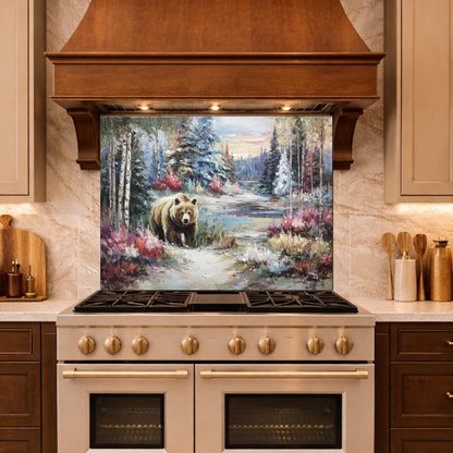 Tempered Glass Kitchen Backsplash, Forest Bear Wildlife Stove Guard, Rustic Wall Art Decor