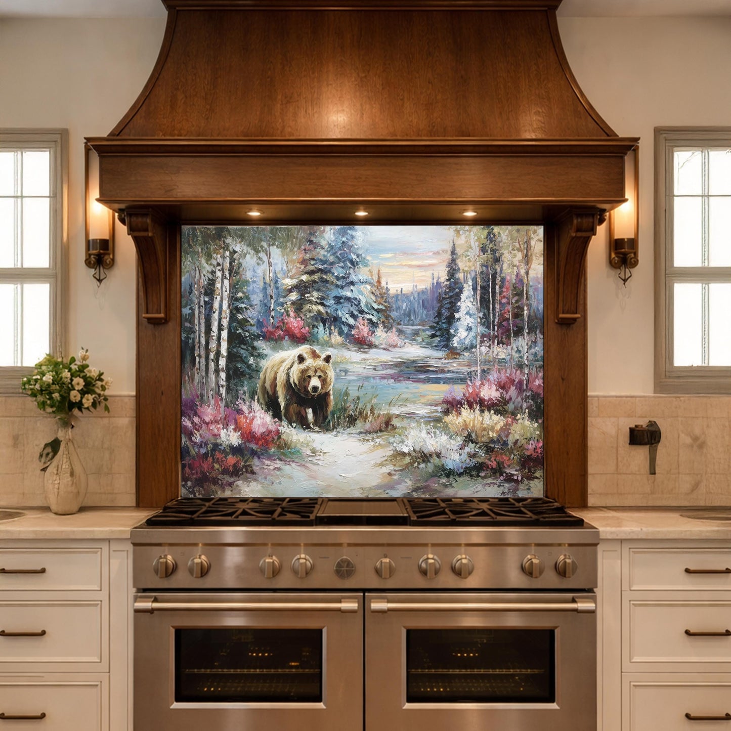 Tempered Glass Kitchen Backsplash, Forest Bear Wildlife Stove Guard, Rustic Wall Art Decor