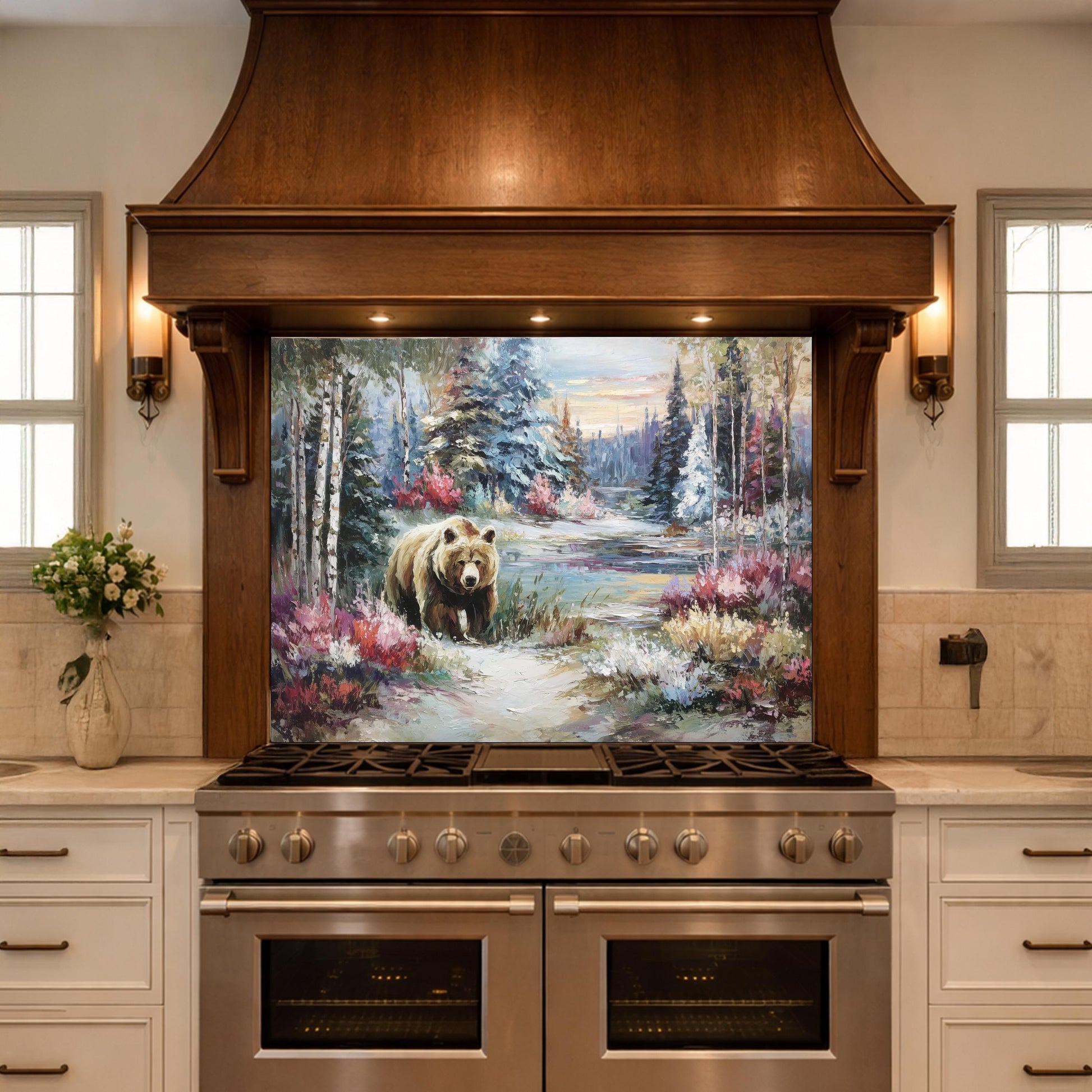 Tempered Glass Kitchen Backsplash, Forest Bear Wildlife Stove Guard, Rustic Wall Art Decor