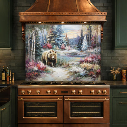 Tempered Glass Kitchen Backsplash, Forest Bear Wildlife Stove Guard, Rustic Wall Art Decor