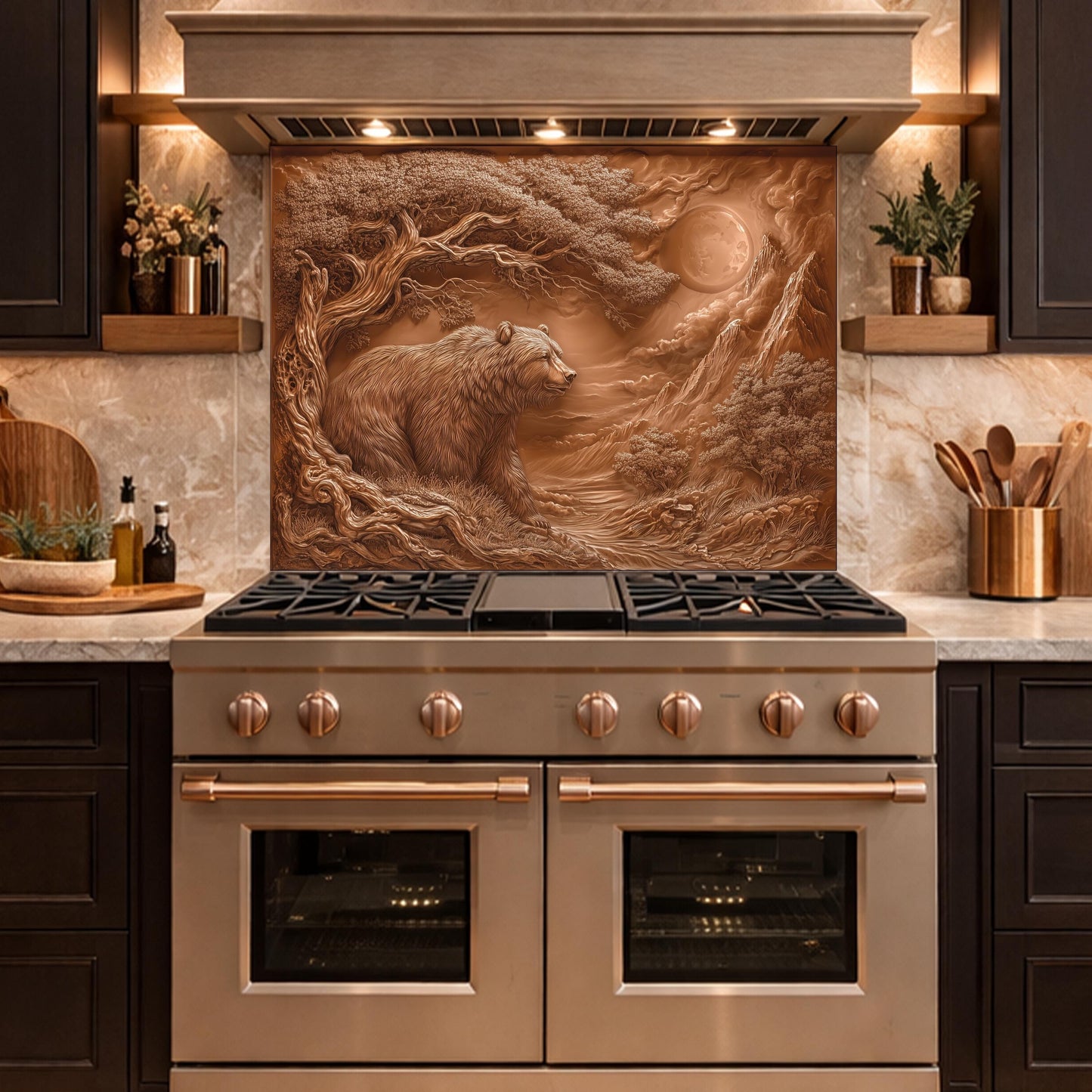 Copper Bear Mountain Tempered Glass Kitchen Backsplash Panel, Rustic Stove Guard Wall Art