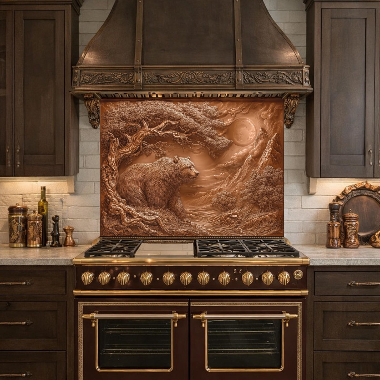Copper Bear Mountain Tempered Glass Kitchen Backsplash Panel, Rustic Stove Guard Wall Art