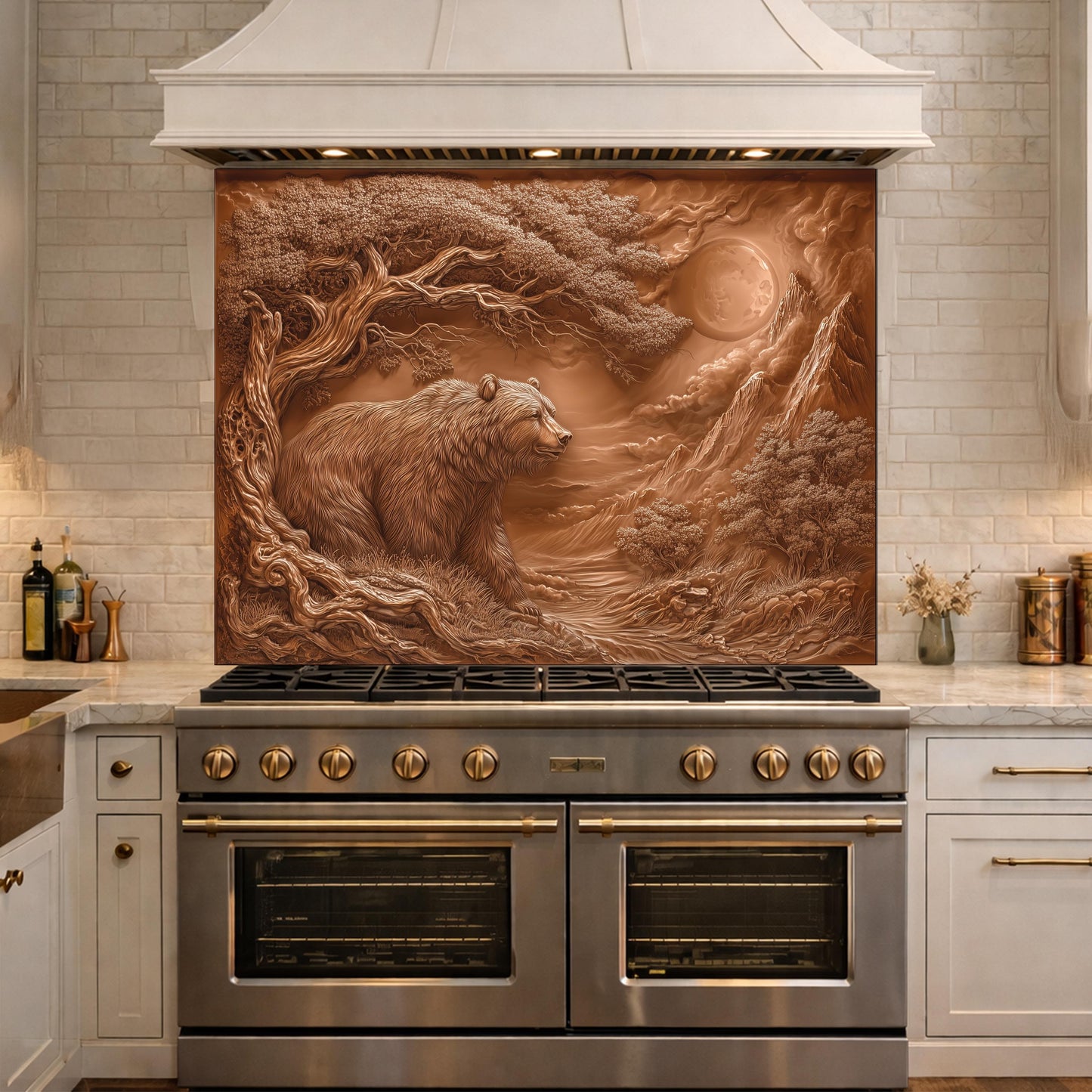 Copper Bear Mountain Tempered Glass Kitchen Backsplash Panel, Rustic Stove Guard Wall Art
