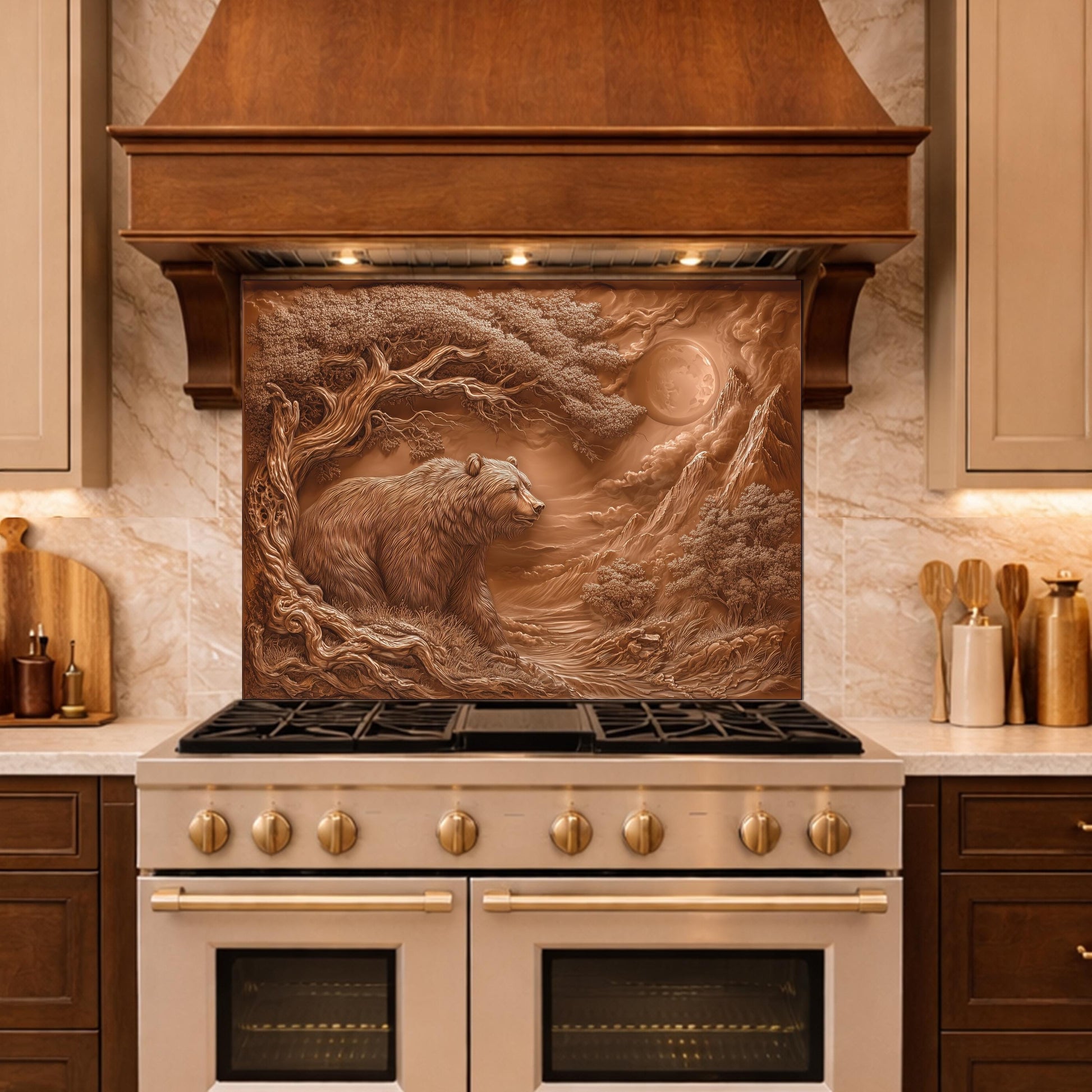 Copper Bear Mountain Tempered Glass Kitchen Backsplash Panel, Rustic Stove Guard Wall Art