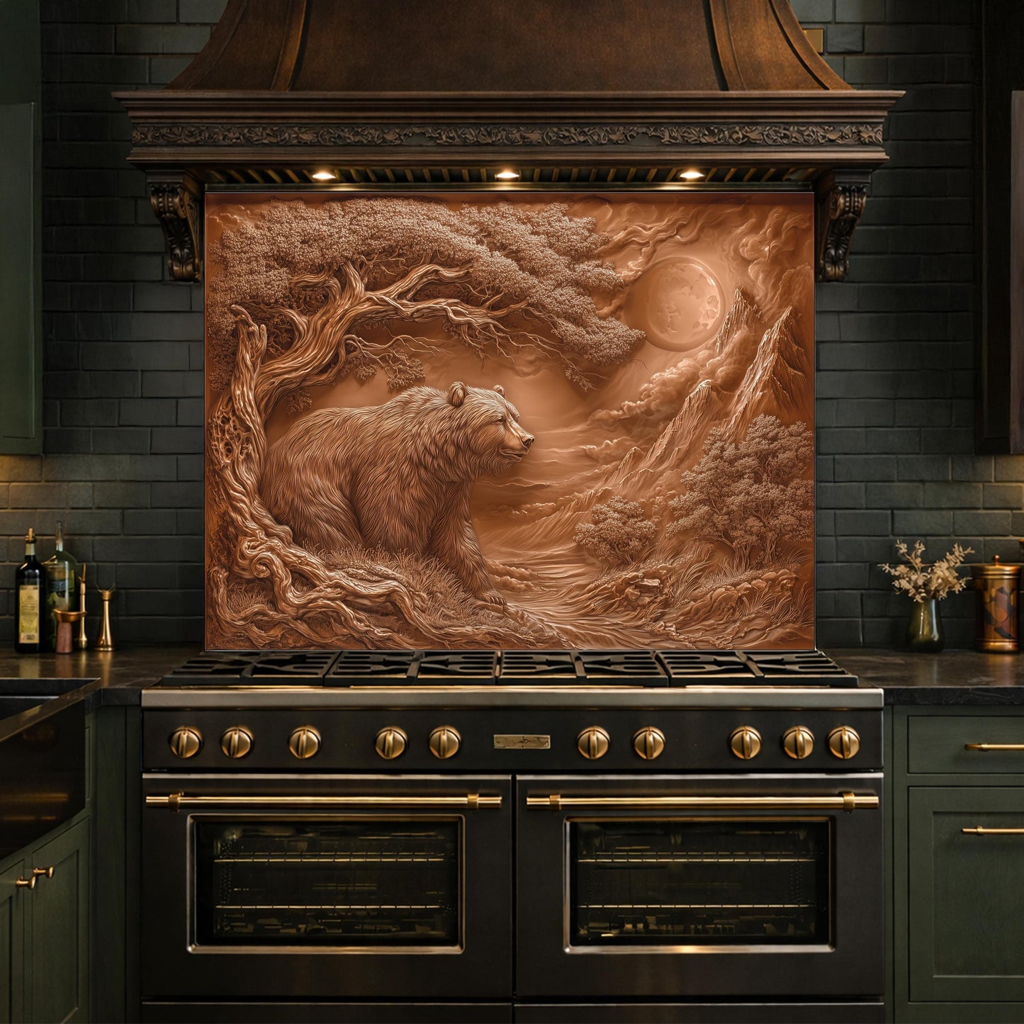 Copper Bear Mountain Tempered Glass Kitchen Backsplash Panel, Rustic Stove Guard Wall Art