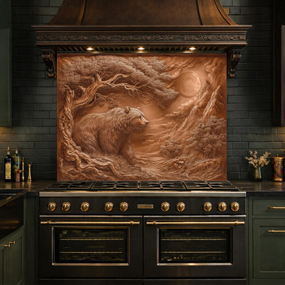 Copper Bear Mountain Tempered Glass Kitchen Backsplash Panel, Rustic Stove Guard Wall Art