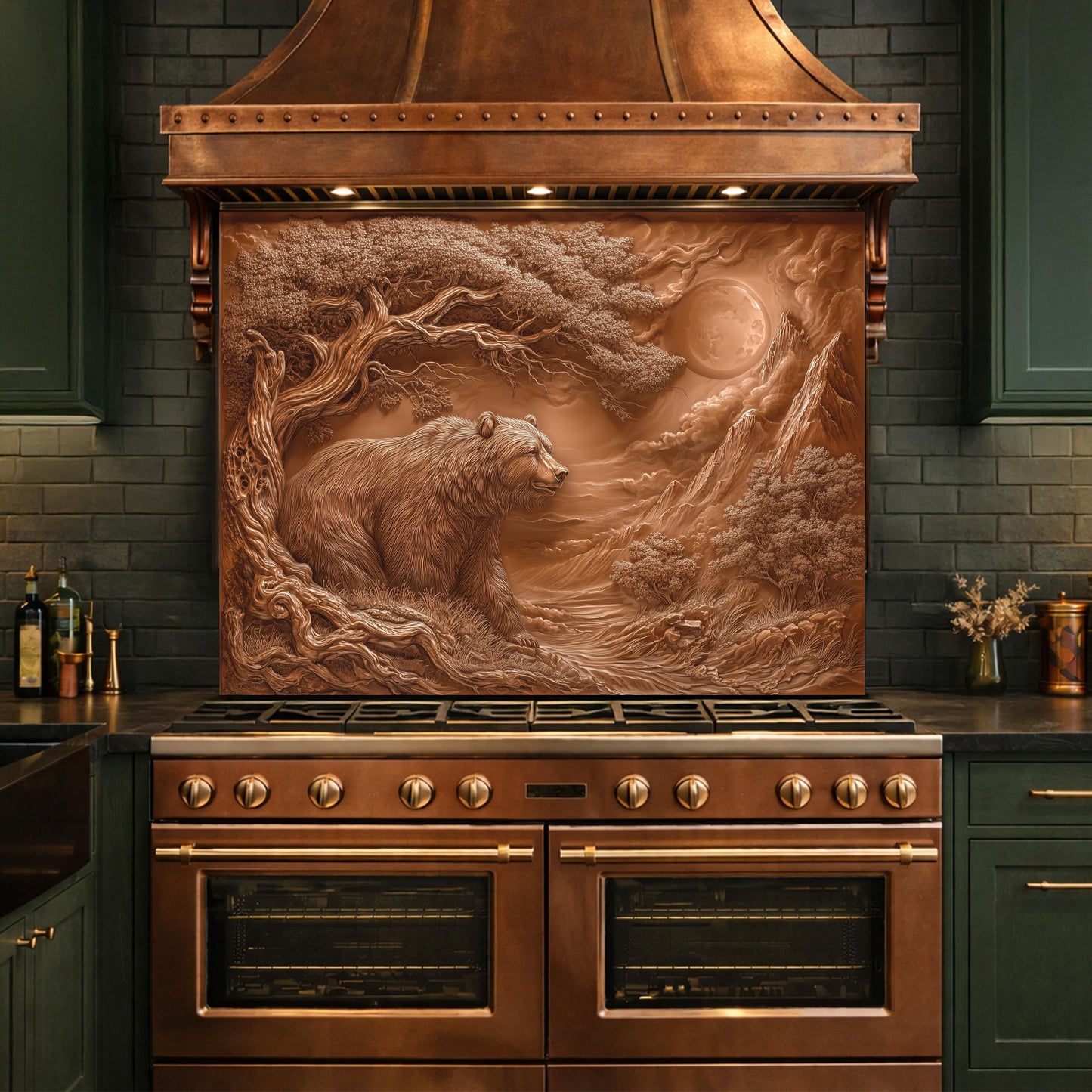 Copper Bear Mountain Tempered Glass Kitchen Backsplash Panel, Rustic Stove Guard Wall Art