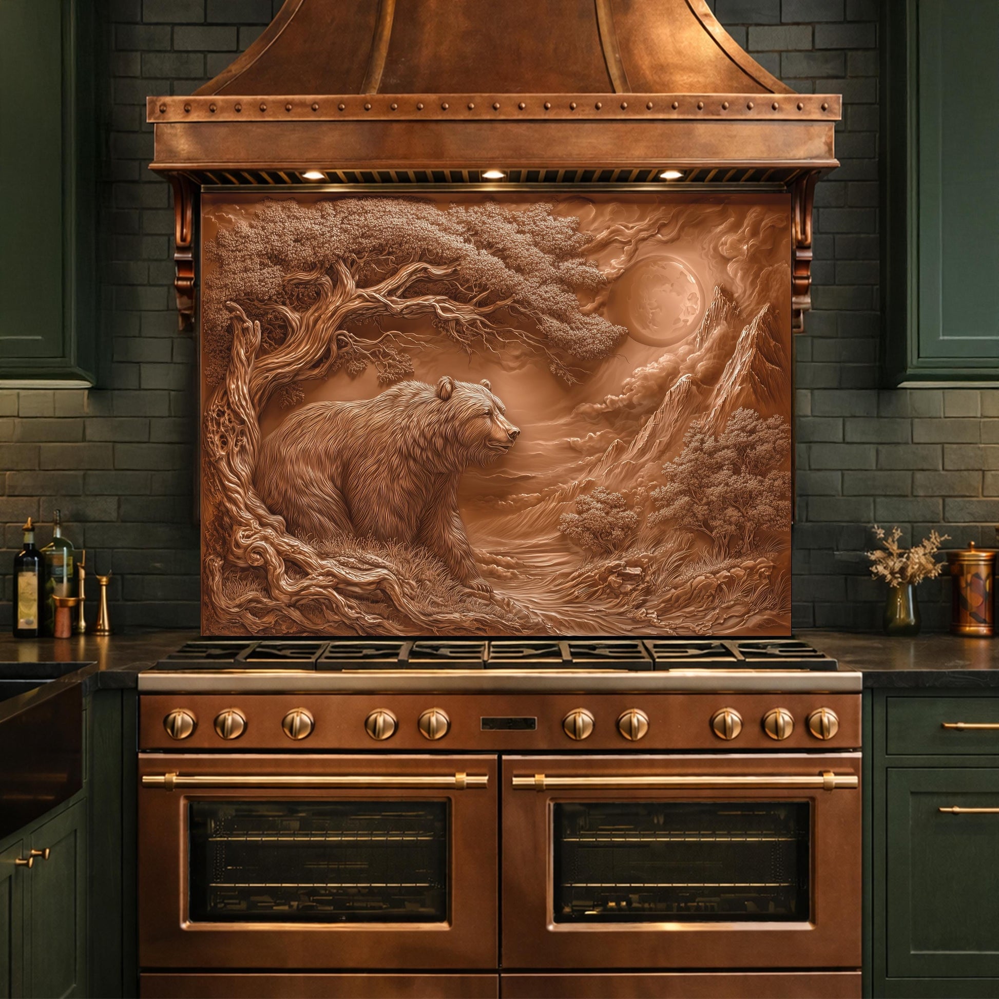 Copper Bear Mountain Tempered Glass Kitchen Backsplash Panel, Rustic Stove Guard Wall Art
