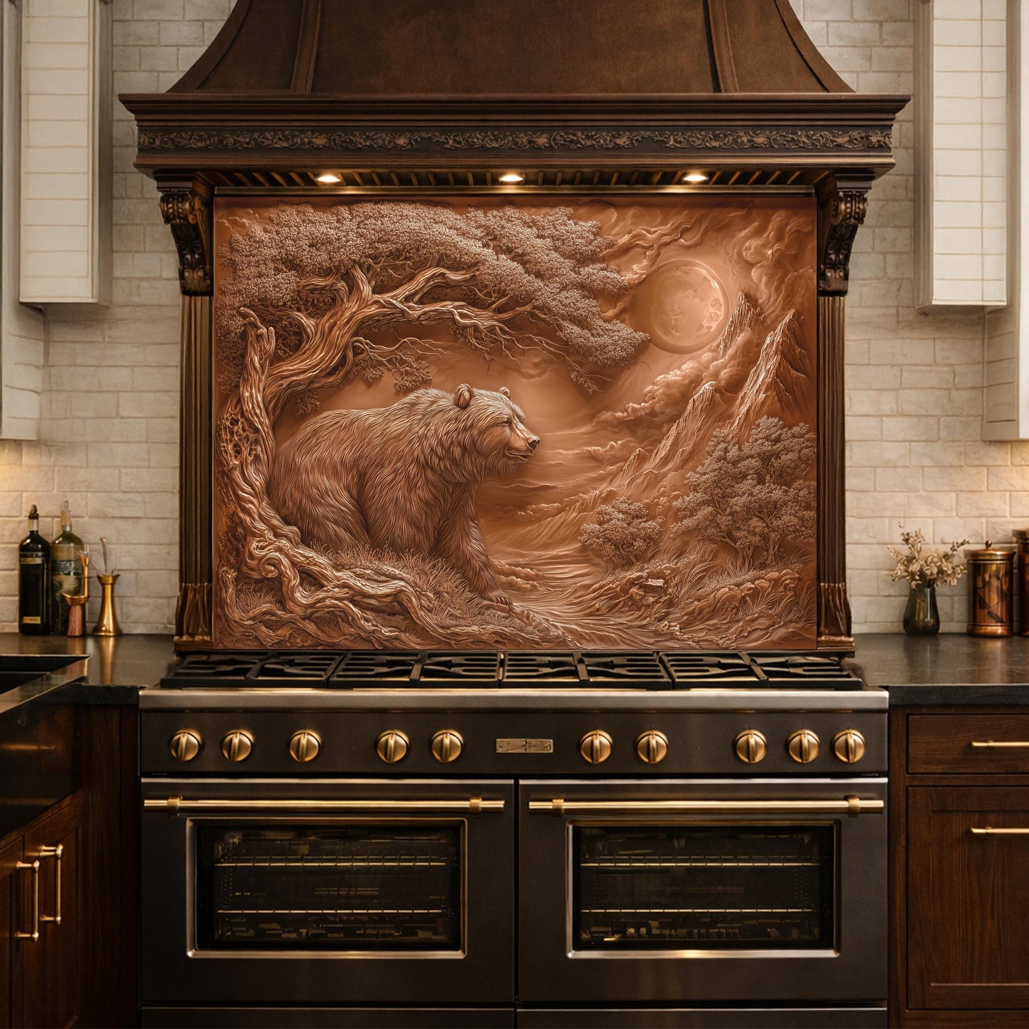 Copper Bear Mountain Tempered Glass Kitchen Backsplash Panel, Rustic Stove Guard Wall Art