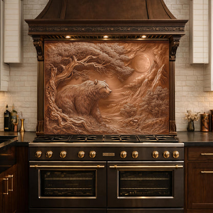 Copper Bear Mountain Tempered Glass Kitchen Backsplash Panel, Rustic Stove Guard Wall Art