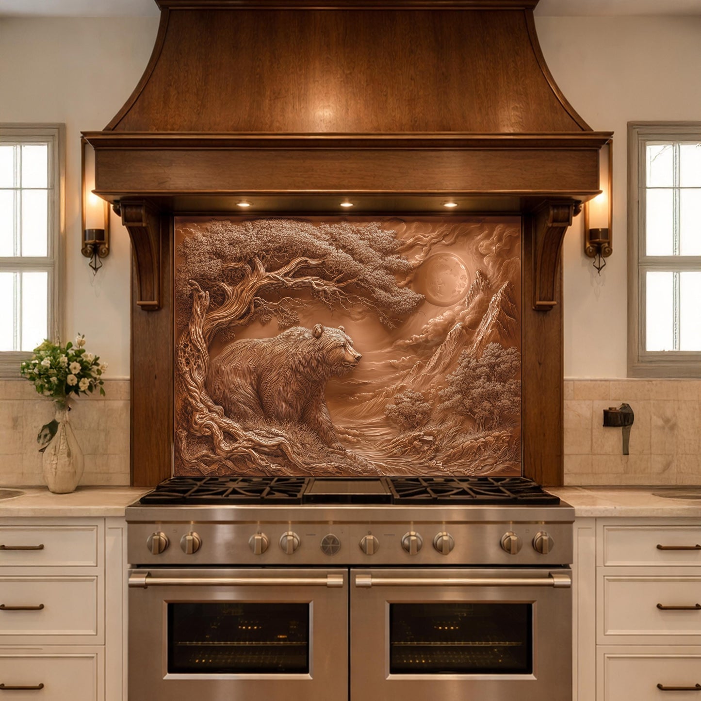 Copper Bear Mountain Tempered Glass Kitchen Backsplash Panel, Rustic Stove Guard Wall Art
