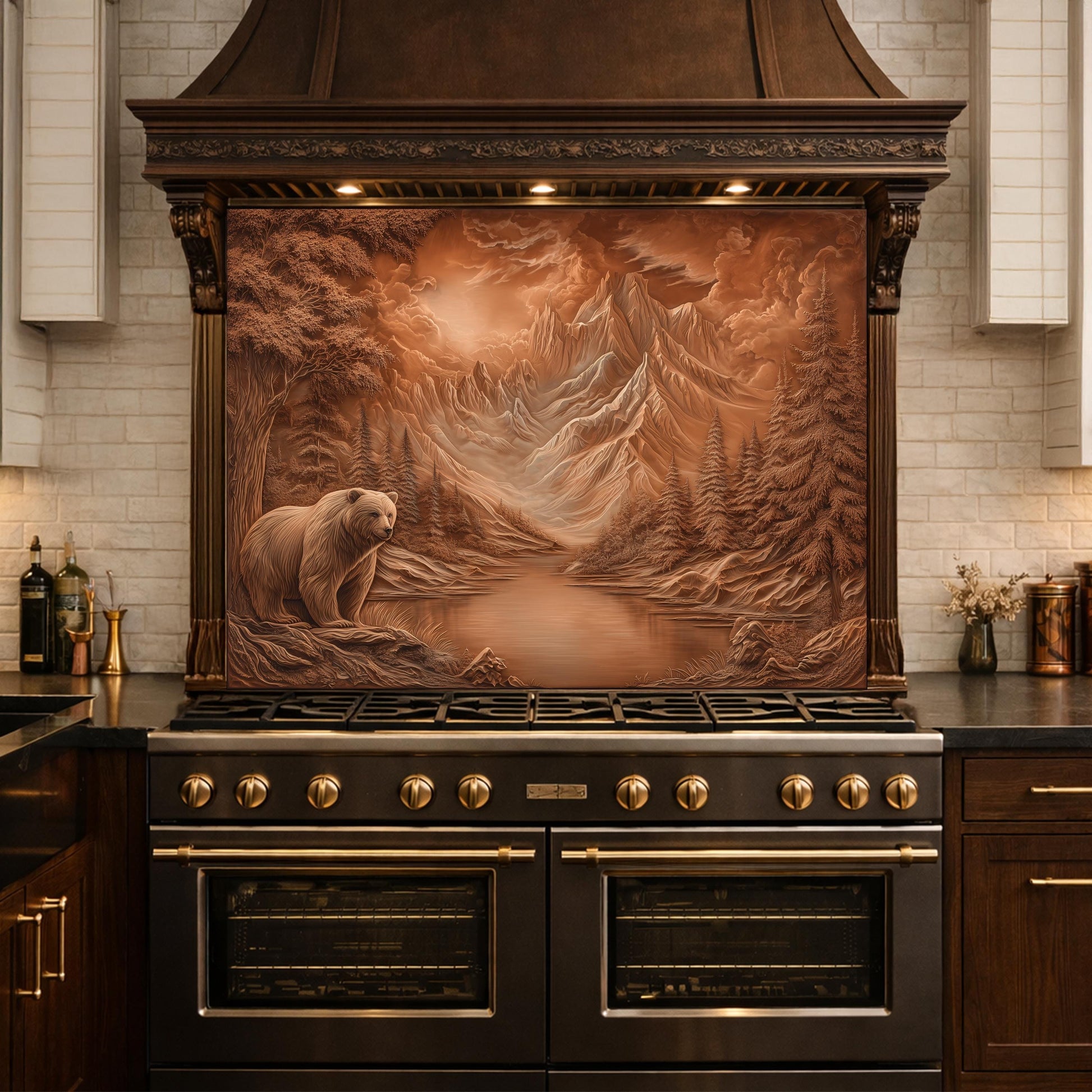 Copper Mountain Bear Glass Kitchen Backsplash Panel, Rustic Stove Guard Wall Art Decor