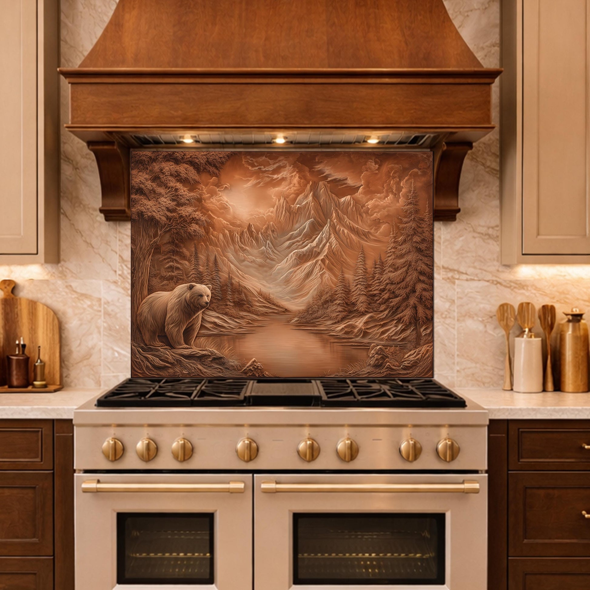 Copper Mountain Bear Glass Kitchen Backsplash Panel, Rustic Stove Guard Wall Art Decor