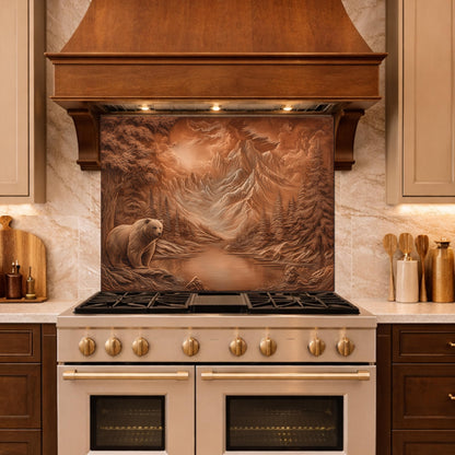 Copper Mountain Bear Glass Kitchen Backsplash Panel, Rustic Stove Guard Wall Art Decor