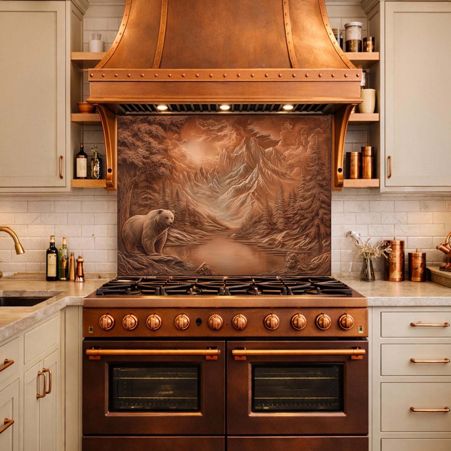 Copper Mountain Bear Glass Kitchen Backsplash Panel, Rustic Stove Guard Wall Art Decor