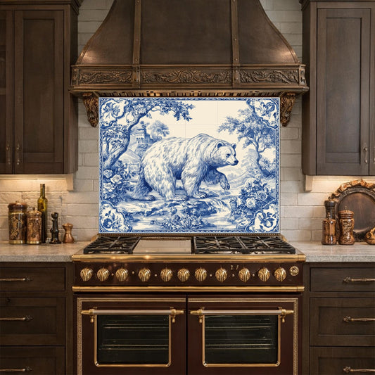 Blue White Bear Glass Kitchen Backsplash Panel, Vintage Tile Style Stove Guard Decor