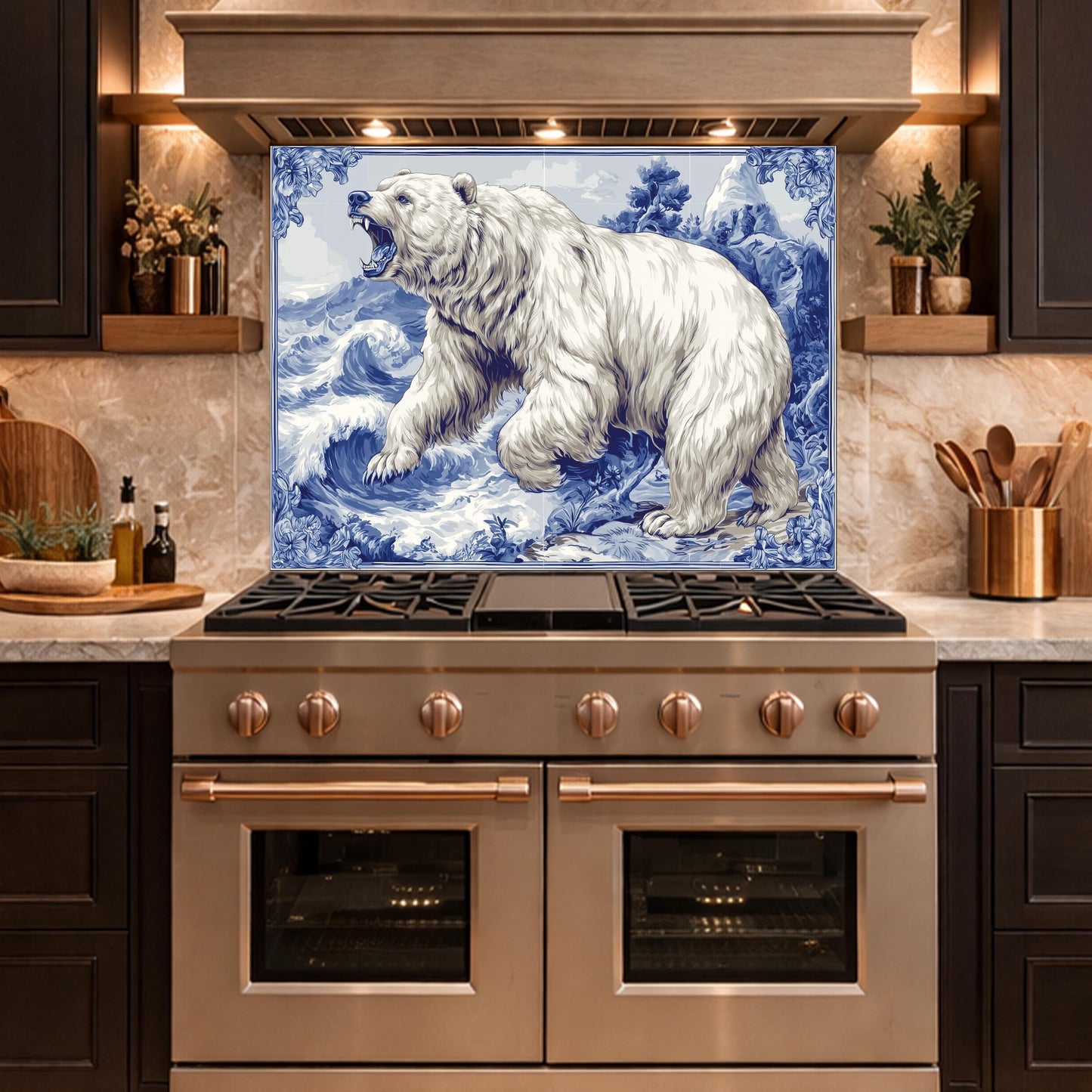 Blue White Bear Glass Kitchen Backsplash Panel, Ocean Wave Stove Guard Decor