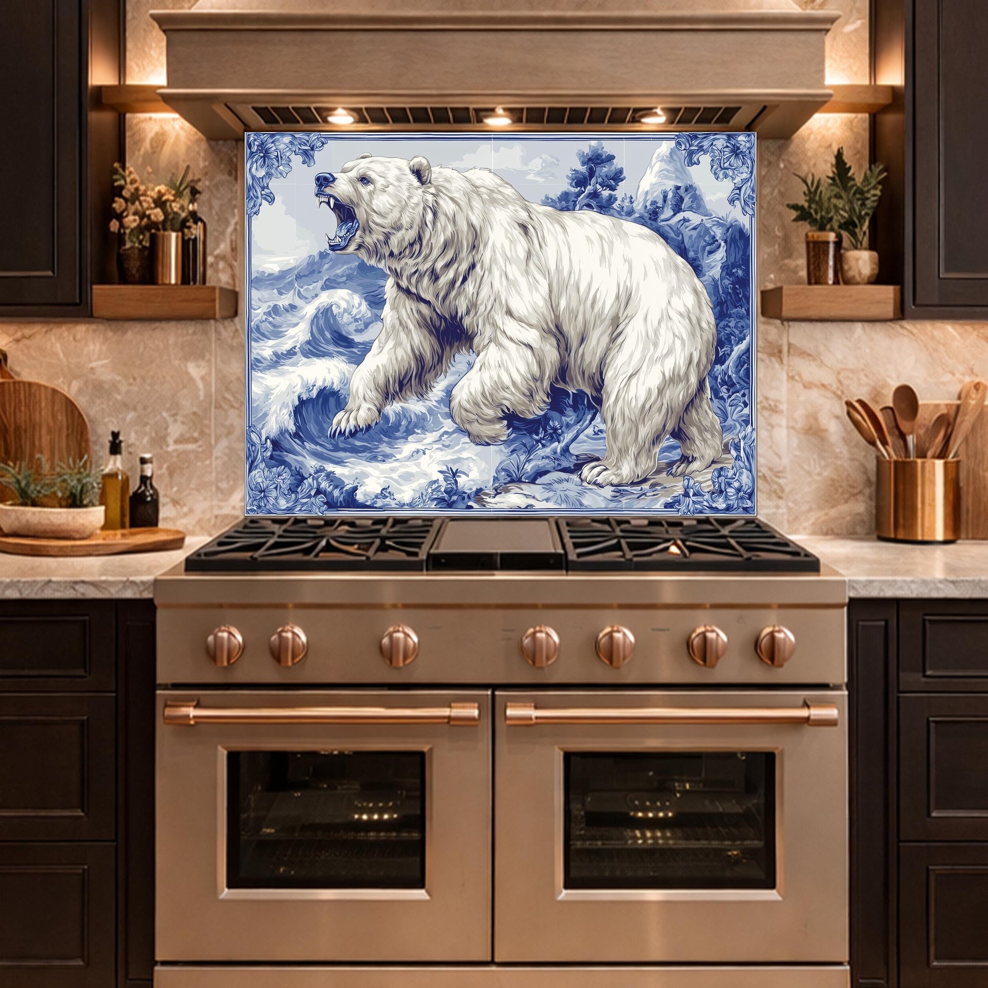 Blue White Bear Glass Kitchen Backsplash Panel, Ocean Wave Stove Guard Decor