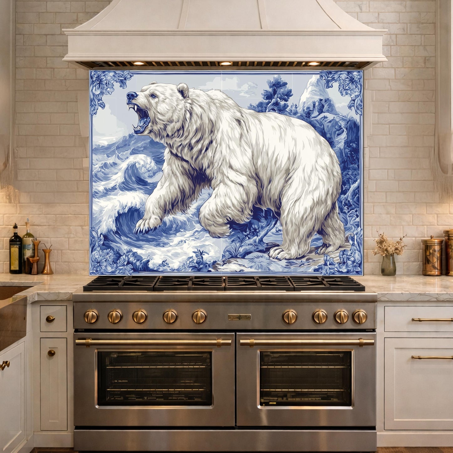 Blue White Bear Glass Kitchen Backsplash Panel, Ocean Wave Stove Guard Decor