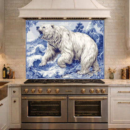 Blue White Bear Glass Kitchen Backsplash Panel, Ocean Wave Stove Guard Decor