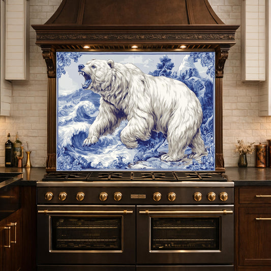 Blue White Bear Glass Kitchen Backsplash Panel, Ocean Wave Stove Guard Decor