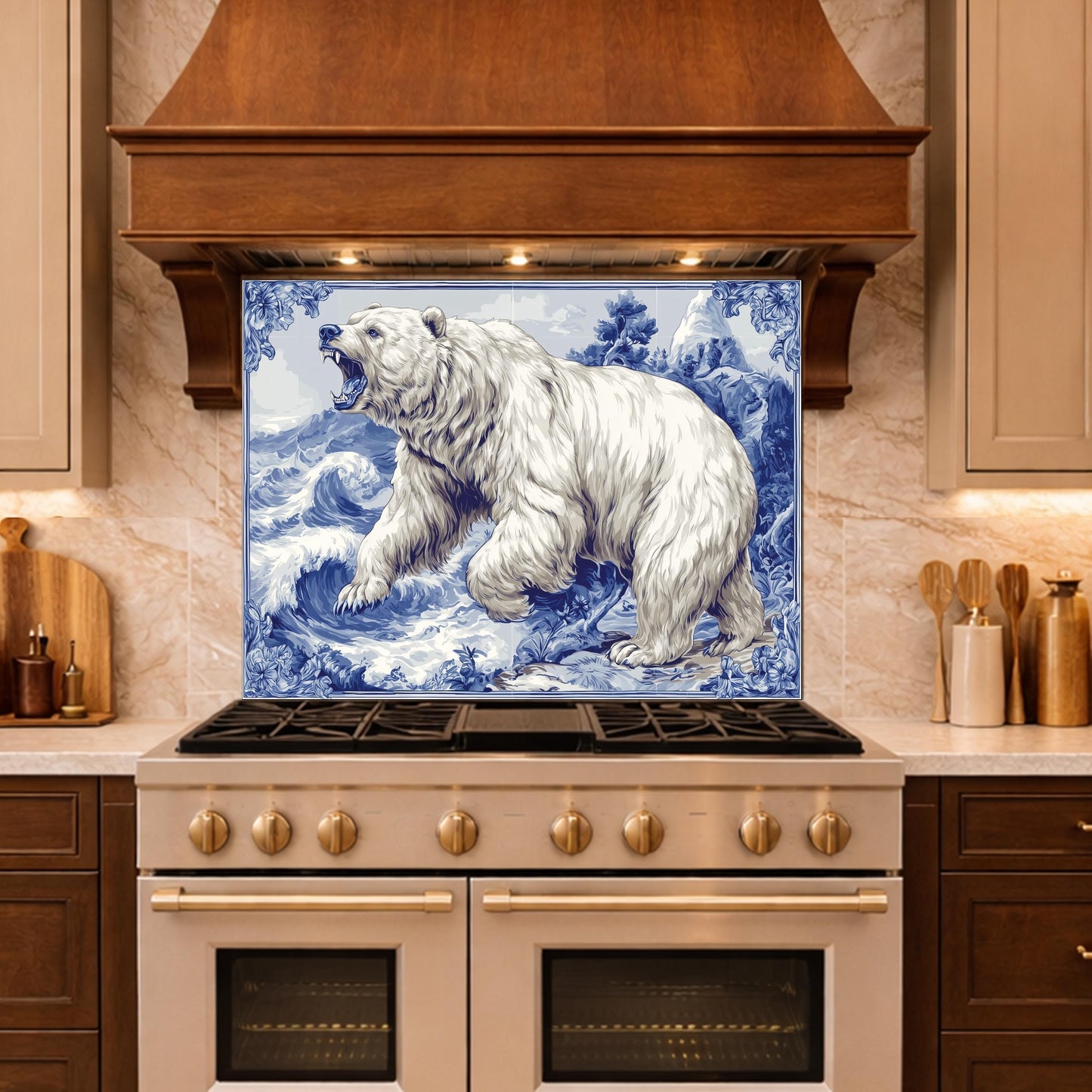 Blue White Bear Glass Kitchen Backsplash Panel, Ocean Wave Stove Guard Decor