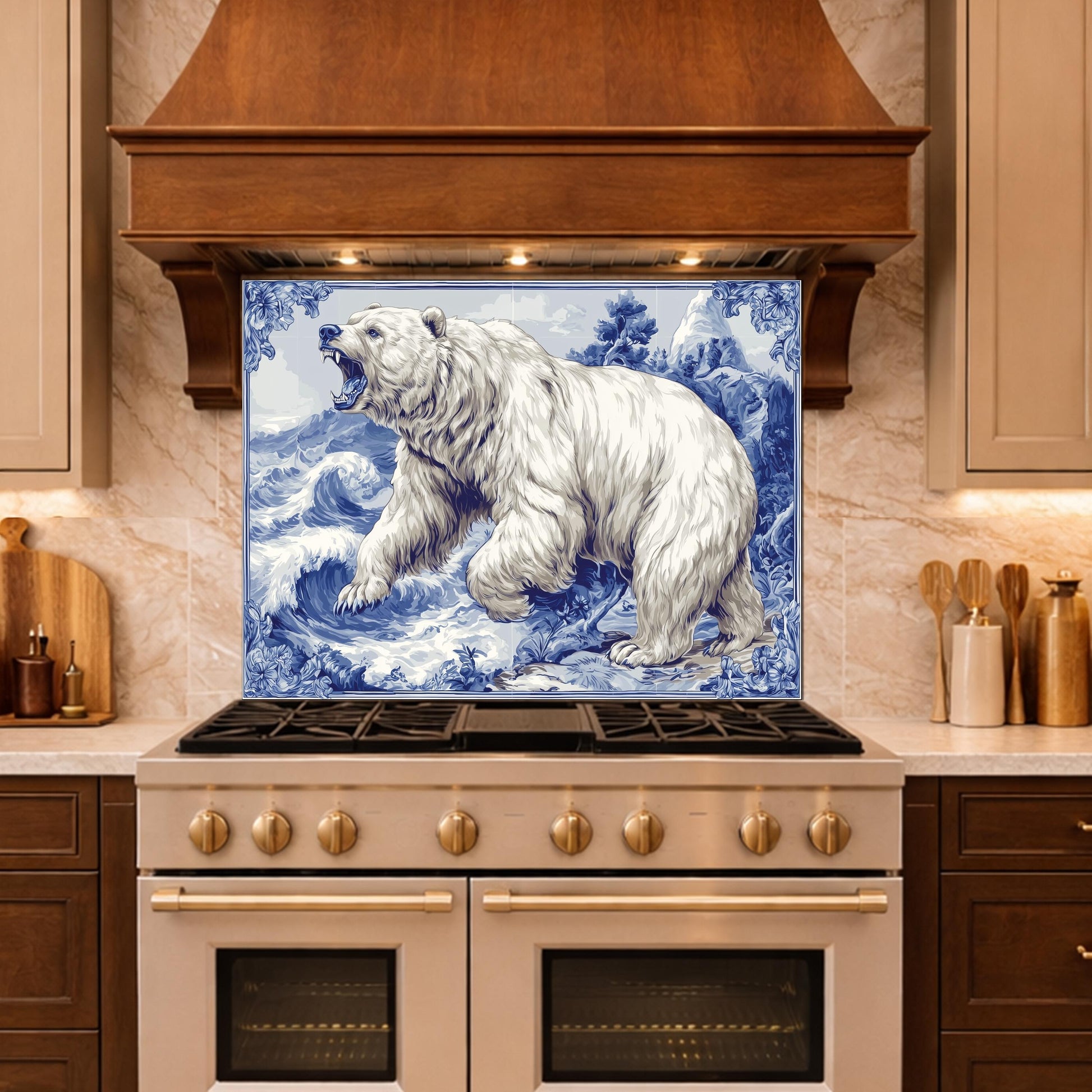 Blue White Bear Glass Kitchen Backsplash Panel, Ocean Wave Stove Guard Decor