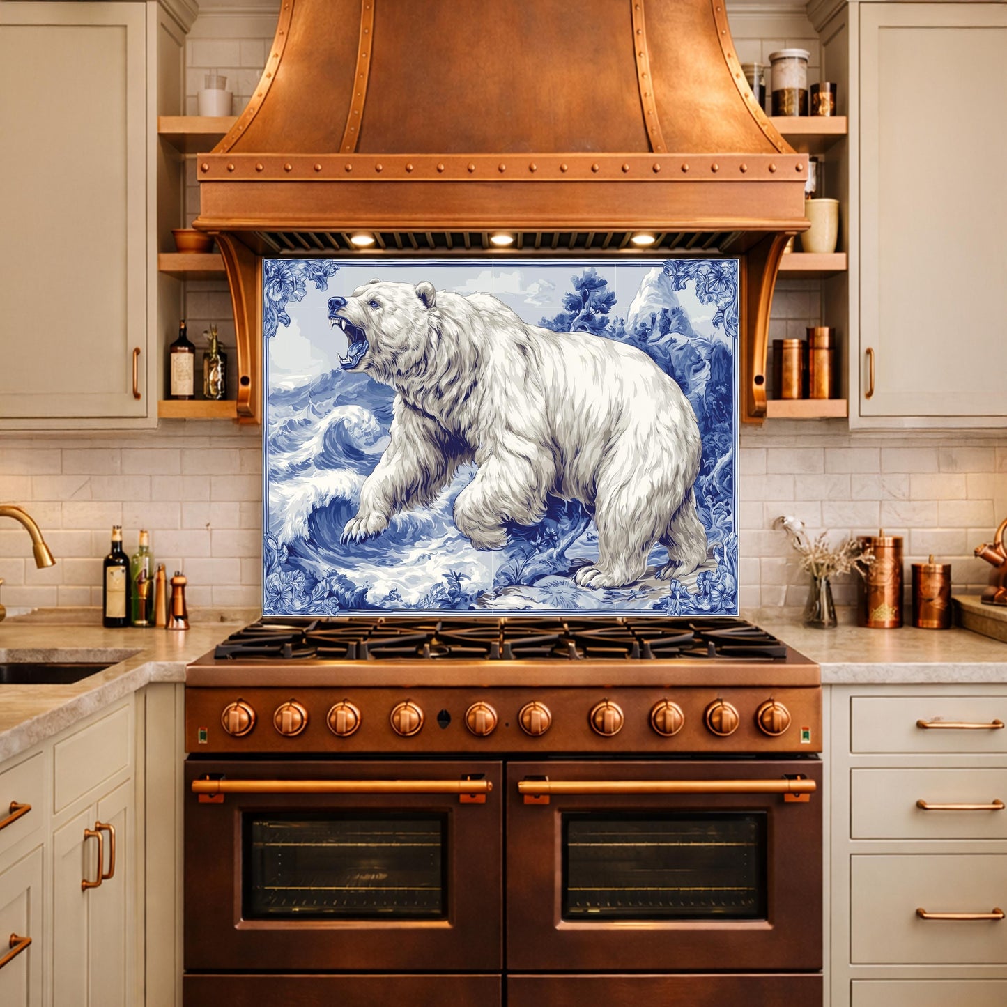 Blue White Bear Glass Kitchen Backsplash Panel, Ocean Wave Stove Guard Decor