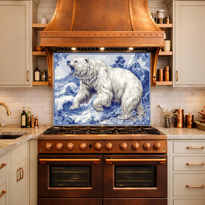 Blue White Bear Glass Kitchen Backsplash Panel, Ocean Wave Stove Guard Decor