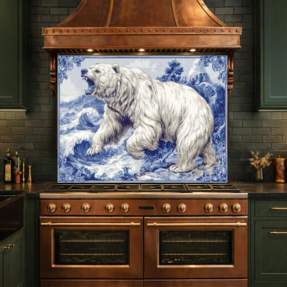 Blue White Bear Glass Kitchen Backsplash Panel, Ocean Wave Stove Guard Decor