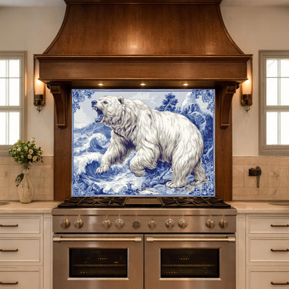 Blue White Bear Glass Kitchen Backsplash Panel, Ocean Wave Stove Guard Decor