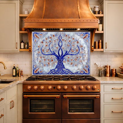 Tree of Life Glass Kitchen Backsplash Panel, Blue Mosaic Stove Guard Wall Art