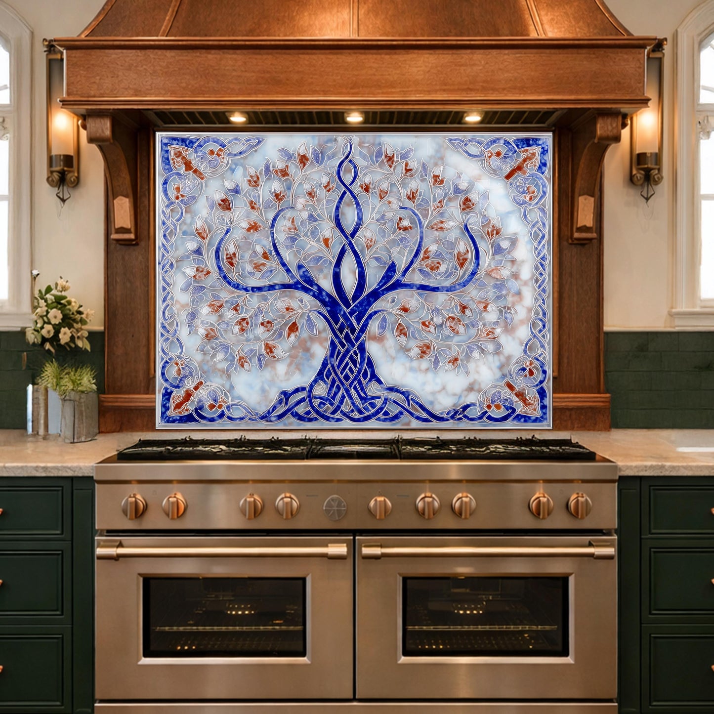 Tree of Life Glass Kitchen Backsplash Panel, Blue Mosaic Stove Guard Wall Art