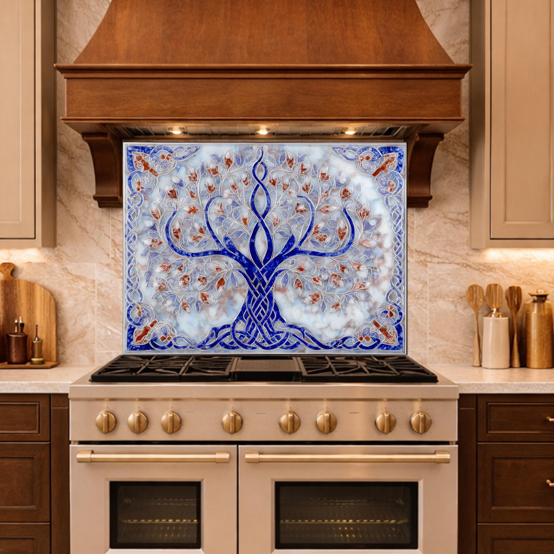 Tree of Life Glass Kitchen Backsplash Panel, Blue Mosaic Stove Guard Wall Art