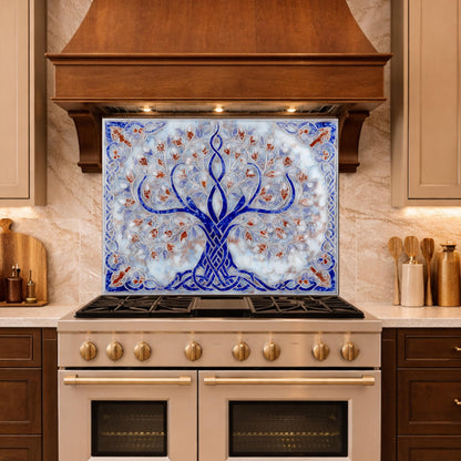 Tree of Life Glass Kitchen Backsplash Panel, Blue Mosaic Stove Guard Wall Art