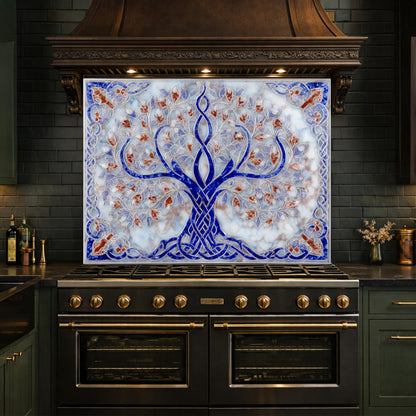Tree of Life Glass Kitchen Backsplash Panel, Blue Mosaic Stove Guard Wall Art