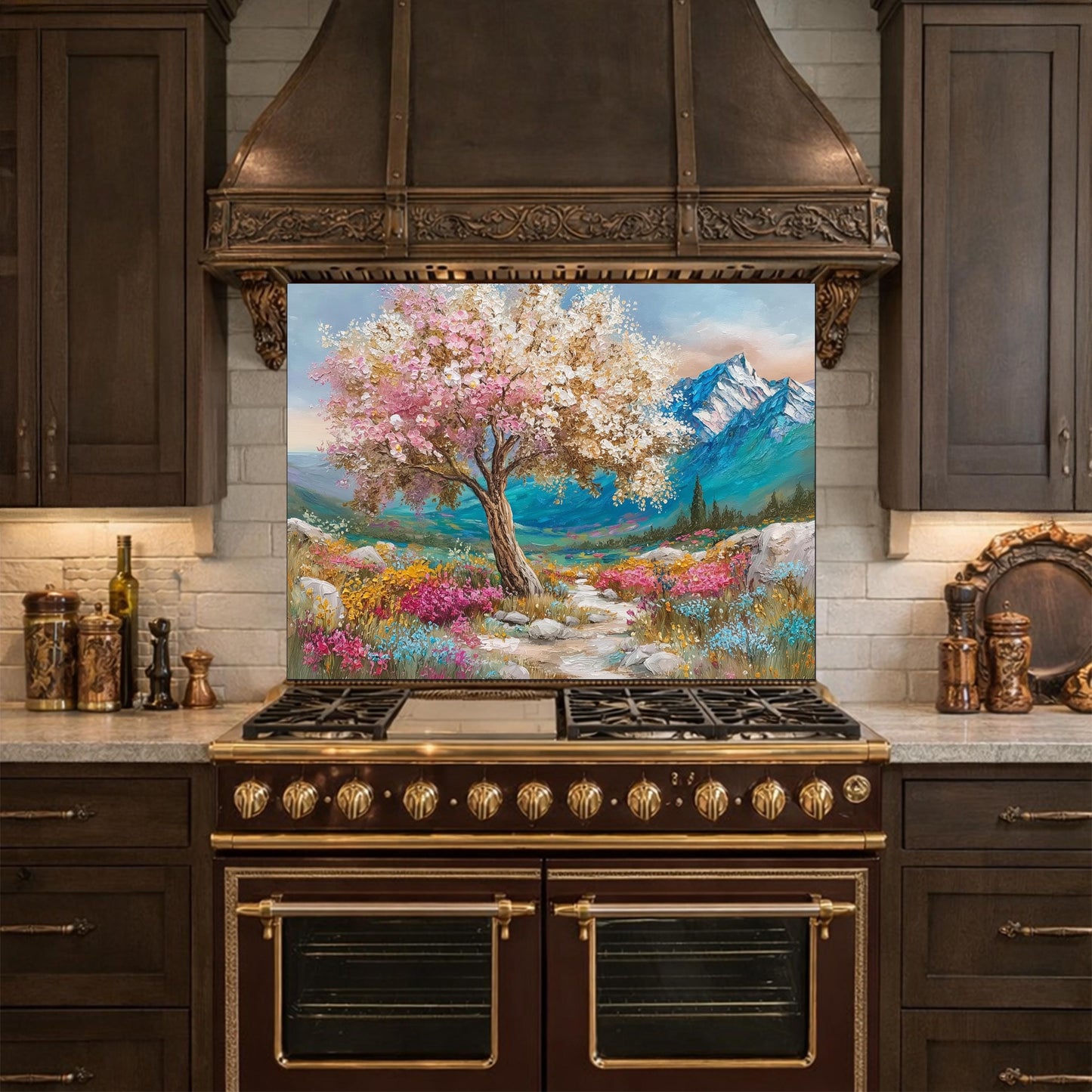 Blossom Tree Glass Kitchen Backsplash Panel, Mountain Floral Stove Guard Wall Art
