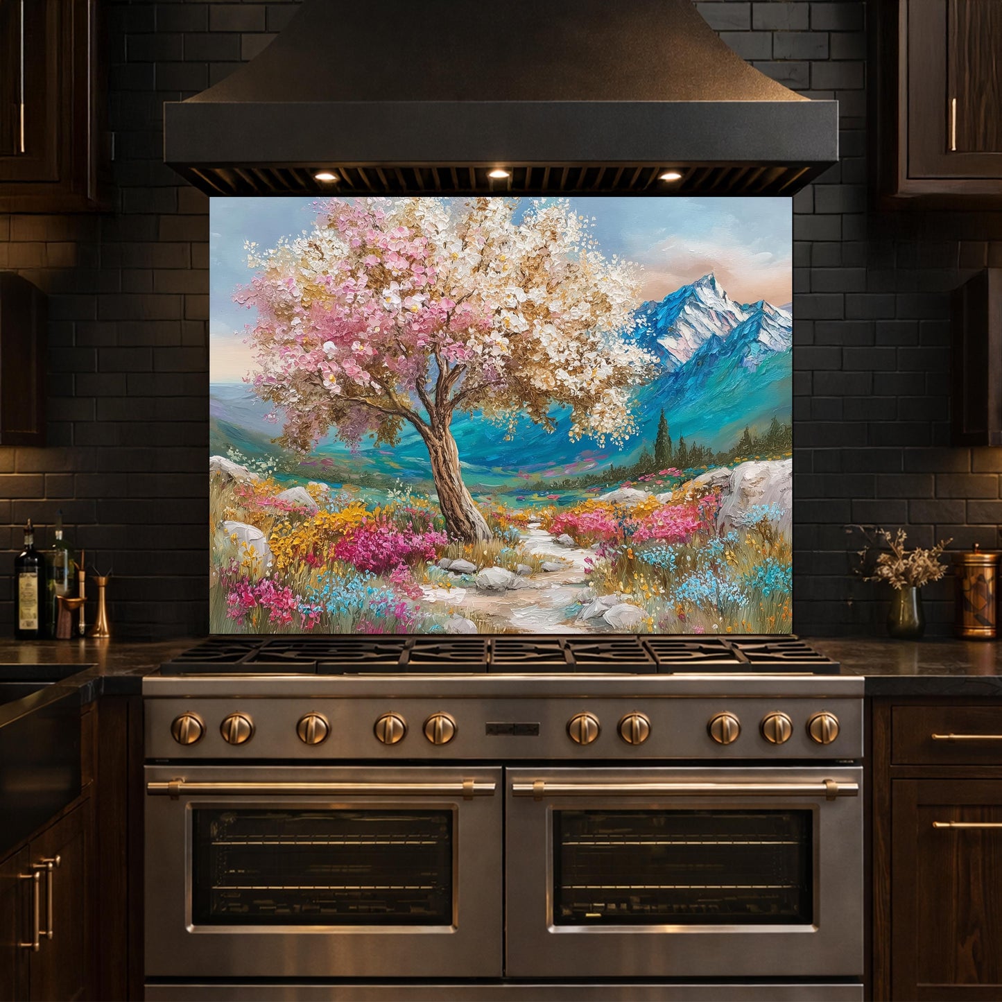Blossom Tree Glass Kitchen Backsplash Panel, Mountain Floral Stove Guard Wall Art