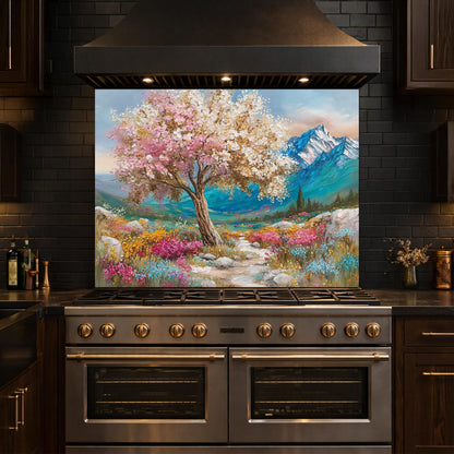 Blossom Tree Glass Kitchen Backsplash Panel, Mountain Floral Stove Guard Wall Art