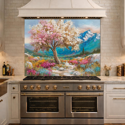 Blossom Tree Glass Kitchen Backsplash Panel, Mountain Floral Stove Guard Wall Art